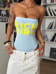 StreetHx 街头风女装夏季字母印花抹胸连体衣 - 藍色 - 查看 5