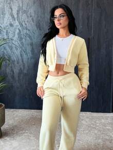 Vassilux Women's Butter Yellow Fleece V-Neck Jacket And Pants Set, Y2k Clothes ,Fall Clothes For Women,Streetwear - Light Yellow - View 6