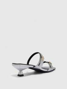 CUCCOO BIZCHIC 春夏新款户外女士黑色方头露趾高跟凉鞋 女士细高跟法式裙摆绑带凉鞋 - 銀色 - 查看 9