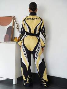 SAYEHFBABY New Autumn/Winter Women's Back To School Outfit, Casual Business Streetwear, Retro College Style Jacket With Stand Collar Front Zipper Long Sleeve Cropped Top + Straight Leg Wide Pants With Slit Hem, Black & Yellow Graphic Print Two Pieces Set - Yellow - View 2