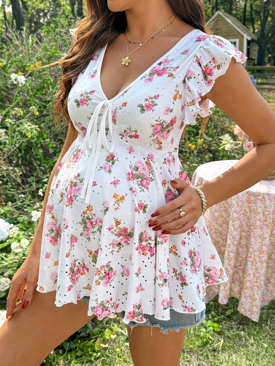 SHEIN 夏季孕妇休闲V领短袖印花T恤 - 粉色 - 查看 1