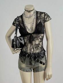 EgrlEra Women's Sexy Lace Lace-Up Design Fitted Blouse - Black - View 3