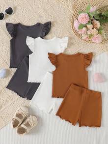 SHEIN Playful Pals 6件套女婴荷叶边领多色拼接上衣，泡泡袖，松紧腰短裤套装，舒适休闲可爱，适合春、夏、秋季穿着 - 彩色 - 查看 1