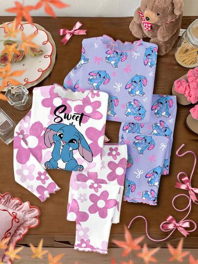 Young Girls Kawaii Cartoon Blue Rabbit Stitch Pattern, Ballerina Style, Ombre Floral Print, Pink Bow Print, Tween Girls Sleepwear Long Sleeve Pants Multi-Piece Set, Suitable For Summer, Fall, Winter Casual Campus Sporty Vibe, Outdoor Picnic, Outings, Street Style, Home, School