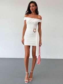 Aloruh Đầm trễ vai nữ đính kim loại, viền bèo nhún, thích hợp cho mùa xuân/hè. - trắng - Xem 5