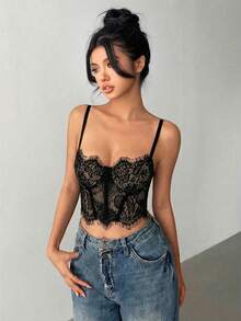 Aloruh Damen Spitzen-Trägerhemd Sexy Schwarzes Trägershirt - Schwarz - Übersicht 6