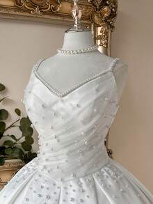 Lovelzi Elegant Fashion White Satin Mesh Patchwork Strapless Pearl Decor A-Line Formal Party Dress, Wedding Guest Bachelorette Prom Bridal Shower - White - View 2