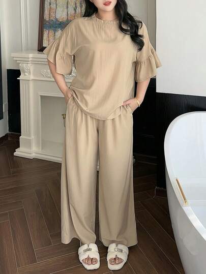 Dazy Plus 大码舒适纯色荷叶边短袖上衣短裤睡衣套装，夏季