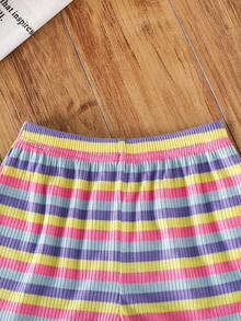 Emery Rose Kids Emery Rose Kids 2件套女童针织圆领条纹印花休闲T恤和短裤套装 - 紫色 - 查看 7