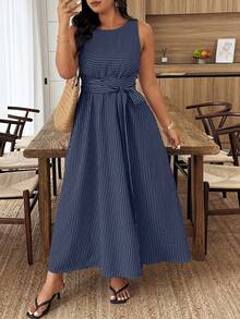 Weeklong Plus Size Striped Print Round Neck Casual Summer Sleeveless Dress - Multicolor - View 1