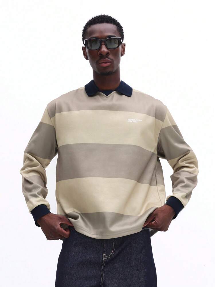 Horizontal Stripe Collared Long Sleeve Polo