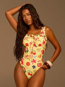 Athîral Ladies' Cute Fruit Printed Backless Ruffle Edge One-Piece Swimsuit,Summer Yellow Floral Western Style Holiday Swimwear For Beach Vacation - Yellow - View 5