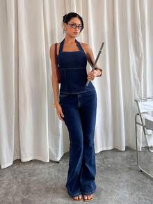 Siren Gaze 女士休闲修身露背牛仔上衣，适合日常通勤 - 深色水洗藍 - 查看 5