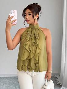 Elenzga Große Größen Elegante Bluse mit Rundhalsausschnitt und Rüschensaum für Damen, Frühling/Sommer - Grün - Übersicht 3