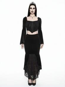 Glisette 2pcs Women's Fashionable Black Velvet & Lace Patchwork Set - Black - View 1