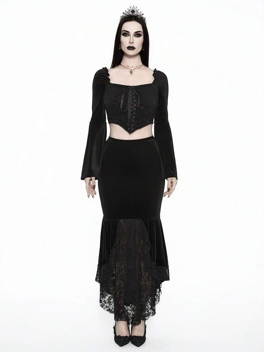 Glisette 2pcs Women's Fashionable Black Velvet & Lace Patchwork Set - Black - View 1