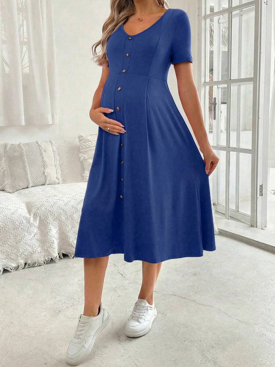 SHEIN Đầm bầu tay ngắn cổ chữ V thanh lịch dáng chữ A có cúc trang trí dành cho nữ, thích hợp cho mùa hè. - Màu xanh lam - Xem 1