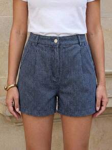 Editum Women's Casual Commuter Striped Shorts, Summer - Blue and White - View 3