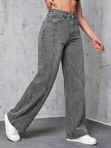 SHEIN EZwear 休闲水洗高腰直筒牛仔裤 - 淺灰色 - 查看 3