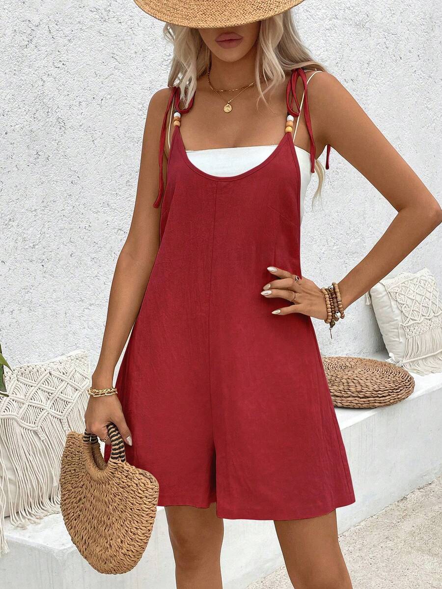 Breezaya Mono de algodón lavado de unicolor con cuello redondo y cuentas - Burdeos - Ver 1