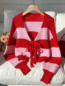 SHEIN EZwear Women's Ombre Striped Floral Print Tie Front Knit Cardigan - Multicolor - View 4