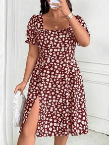 SHEIN Tall CURVE 大码女式印花开衩休闲度假约会连衣裙 - 彩色 - 查看 1