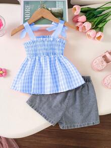 SHEIN Playful Pals 2件套 女童休闲通勤甜美蝴蝶结吊带背心和花卉刺绣短裤，春夏款 - 藍色 - 查看 2