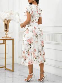 SHEIN Lady 女士碎花褶皱腰身优雅中长连衣裙，适合派对、春季、正式场合穿着。这款连衣裙款式多样，包括碎花连衣裙、休闲连衣裙、正式礼服、工作装、春季连衣裙、优雅连衣裙和碎花连衣裙。 - 彩色 - 查看 2