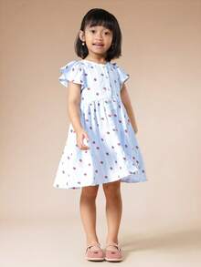 SUMWON Robe mini à manches courtes avec imprimé fraise, boutonnée devant, coupe évasée, avec manches bouffantes et taille élastique, pour le printemps et l'été, tenue décontractée et vacances - Bleu ciel - Voir 3