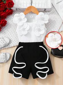 Bộ đồ ngọt ngào và sành điệu cho bé gái, mùa xuân/hè, áo không tay đính hoa 3D và ngọc trai + quần short viền bèo tương phản, bộ 2 món, thích hợp mặc thường ngày, dự tiệc, đi chơi. - trắng - Xem 3