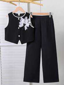 SHEIN Tween Girls Colorblock 3D Floral Decor Sleeveless T-Shirt And Solid Color Shorts Set - Black - View 6