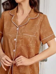 新款女士仿刺绣印花短袖长裤开衫睡衣套装，春夏款 - 彩色 - 查看 2