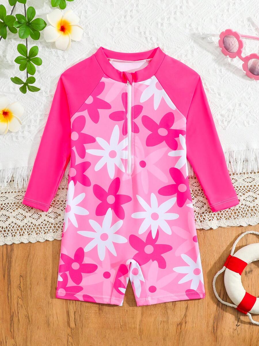 SHEIN Playful Pals 女童鲨鱼印花长袖连体泳衣，可爱设计，防晒，夏季