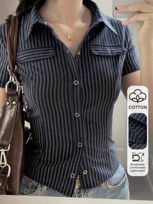 DAZY 女款修身短袖棉質條紋正式通勤夏季領口襯衫 - 藍色 - 查看 1