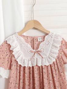 SHEIN 少女碎花拼接蕾丝边休闲睡衣 - 粉色 - 查看 4