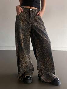 DAZY Women's Casual Loose Straight Leg Jeans, Distressed Leopard Print Design, Relaxed Vacation Style, Spring/Summer - Brown - View 6