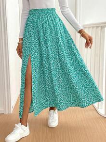 SHEIN Tall CURVE 大码夏季度假碎花开衩裙 - 綠色 - 查看 5