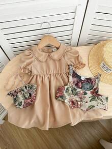 SHEIN Baby Girl Vintage Floral Pattern Vest & Peter Pan Collar Short Sleeve Dress Set - Multicolor - View 1