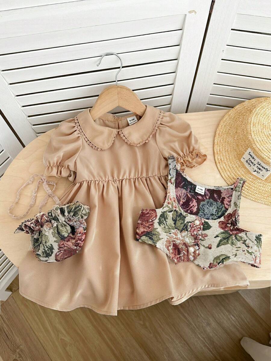 SHEIN Baby Girl Vintage Floral Pattern Vest & Peter Pan Collar Short Sleeve Dress Set - Multicolor - View 1