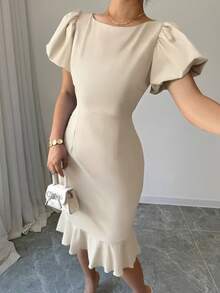 Selianne Women's Solid Color Minimalist Daily Wear Petal Sleeve Ruffle Hem Dress - Apricot - View 5
