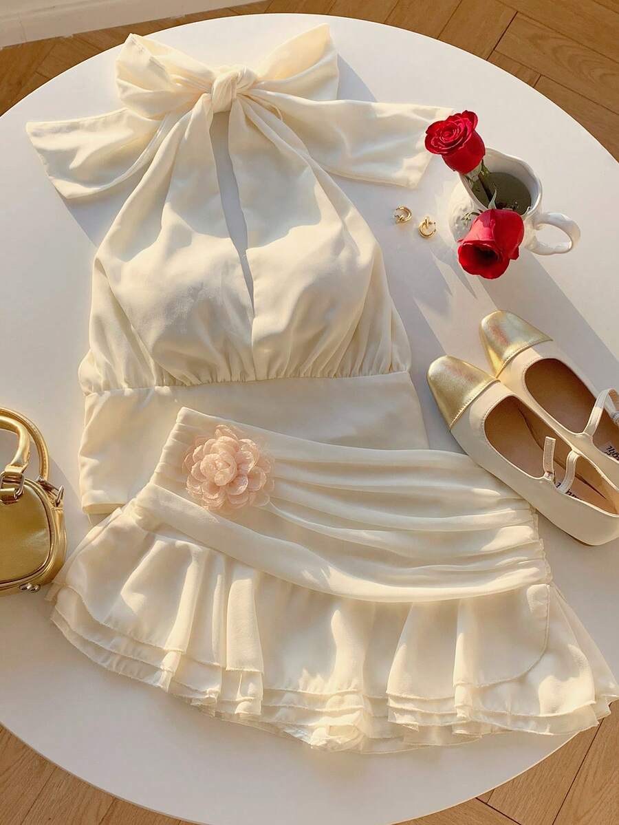 SHEIN EZwear 2 件套女士夏季褶皱露背上衣和迷你裙套装 - 杏色 - 查看 1