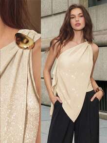 Maija Women's Asymmetrical Shoulder Design Blouse, Summer Fashion - Apricot - View 1