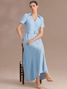 Uhlyne Đầm kiểu Pháp tối giản chất liệu rayon viscose giả denim, cổ chữ V, thắt eo, phong cách giản dị nhưng thanh lịch, phù hợp cho đi làm, nghỉ lễ, mặc hàng ngày, dự tiệc hoặc đi nghỉ mát. - Màu xanh lam - Xem 7