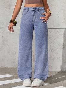 Jeanoix 女式休闲直筒宽松牛仔裤 - 中等水洗藍 - 查看 5