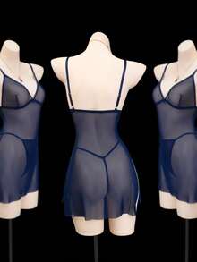 2pcs/Set Women's Sexy Wireless Mesh Lingerie Camisole Set - Navy Blue - View 4