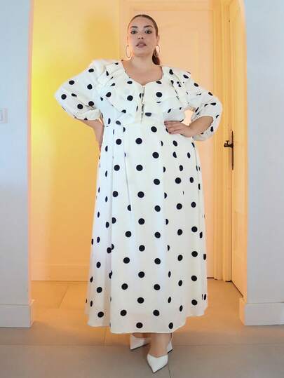 Pretty and Ole 女式优雅波尔卡圆点印花V领荷叶边下摆A字长袖加大码连衣裙