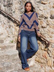 Yess Loren 2024 Autumn/Winter New Casual Polygon Striped Sweater Knit Pullover Fall Outfit - Multicolor - View 3