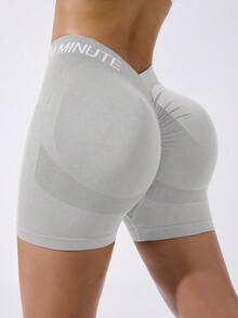 Dewbera 女士弹力字母印花褶皱运动短裤 - 淺灰色 - 查看 2