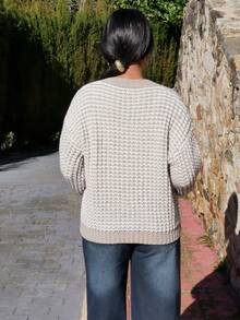 Yess Loren 女士格子印花前扣 V 领长袖开衫 - 卡其色 - 查看 2