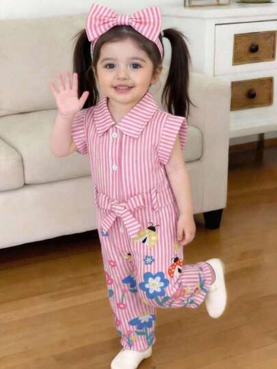 SHEIN 女婴连体衣一件装。春夏休闲风，简约条纹，碎花印花，非常适合户外穿着。